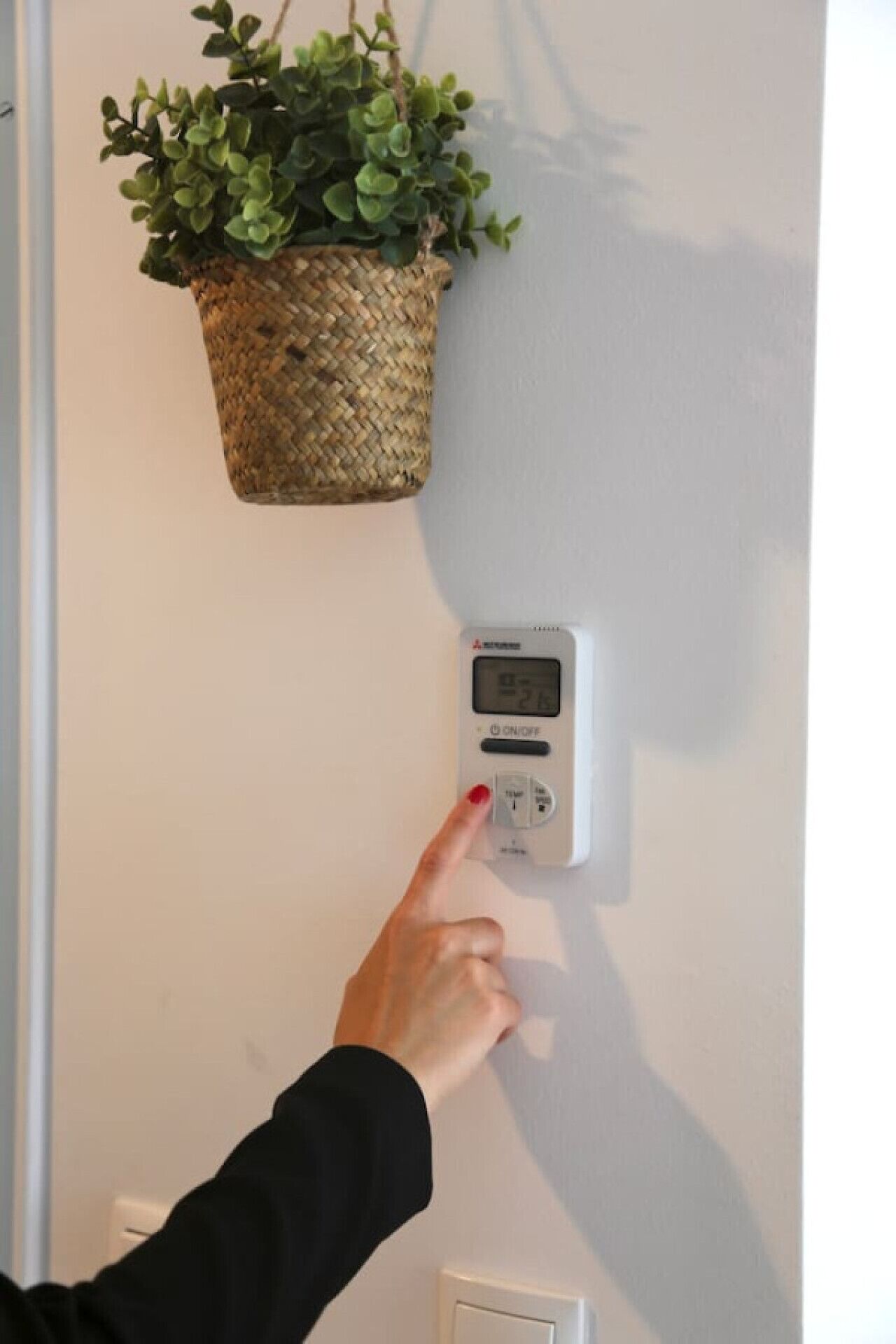 A hand pointing at a thermostat on a wall, with a woven basket holding a plant above it.