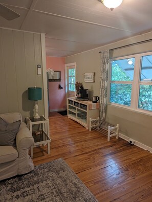 Smart TV, fireplace, books