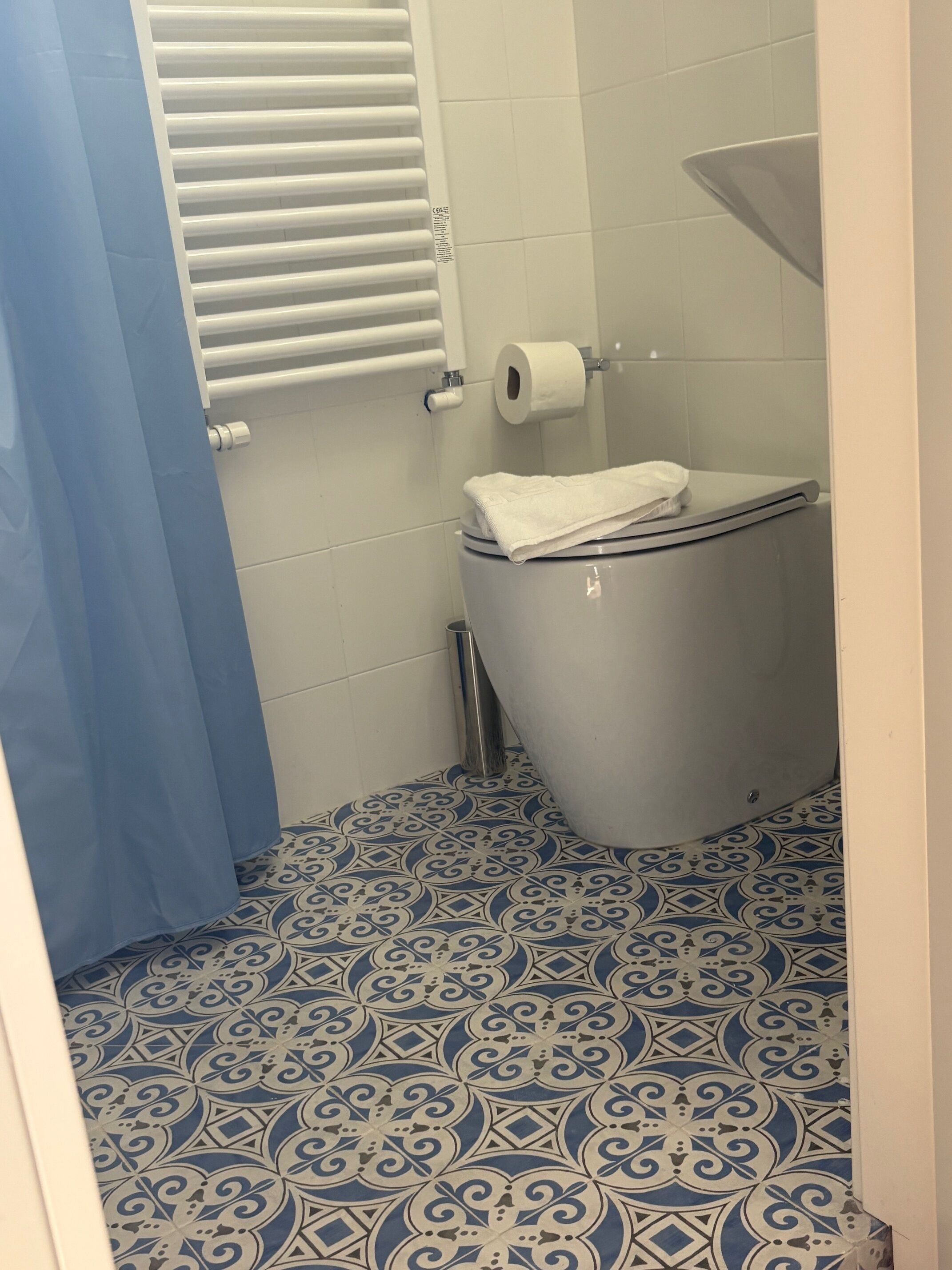 Un bany amb vàter, un roule de paper higiènic, cortina de bany blava i rajoles de terra amb dibuixos.