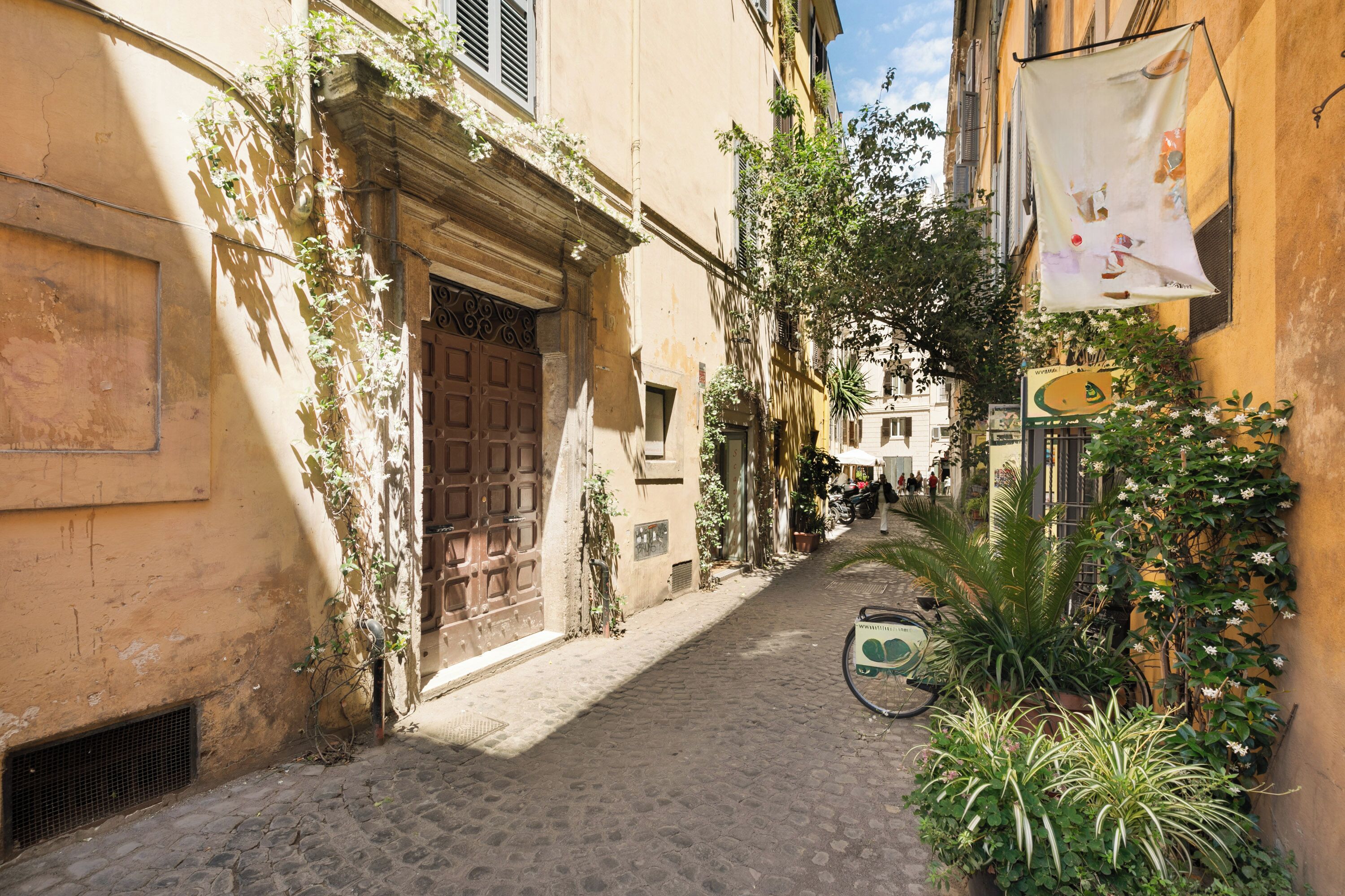 A narrow cobblestone street with buildings on either side, a bicycle, and potted plants.