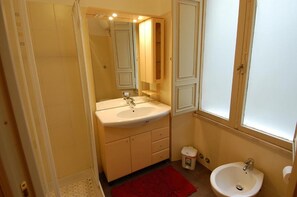 Shower, hair dryer, bidet, towels