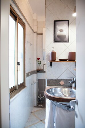 Shower, hair dryer, towels