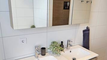 Hair dryer, towels, soap, toilet paper