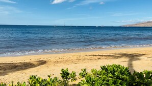 A beach with a sandy shore and green shrubs in the foreground. - Ma'alaea Surf, Unit A4-2 BR Ground Floor Beachfront Condo, AC, Wi-Fi, Pool (Kihei)