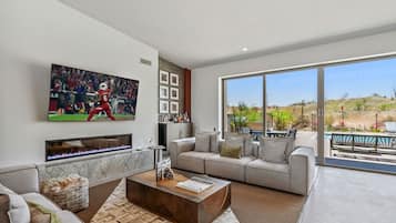 Smart TV, fireplace, books, offices
