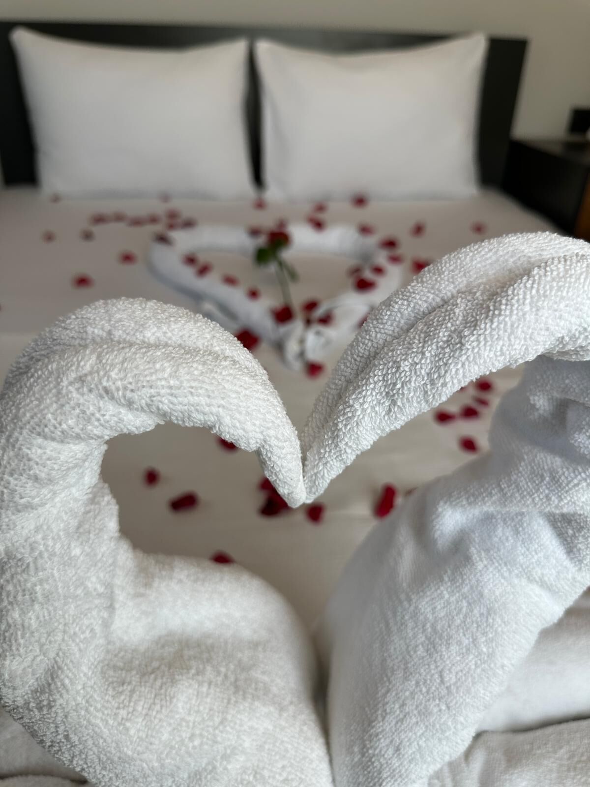 Una cama con sábanas blancas y una toalla dispuesta en forma de corazón.