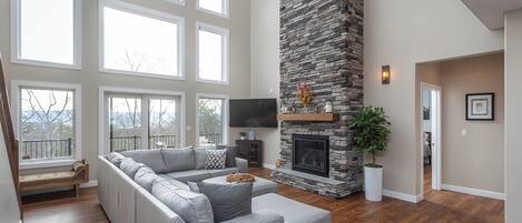 TV, fireplace, table football