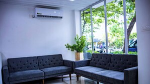 Un espace d’accueil avec deux canapés gris, une plante en pot et une grande fenêtre donnant sur la rue.