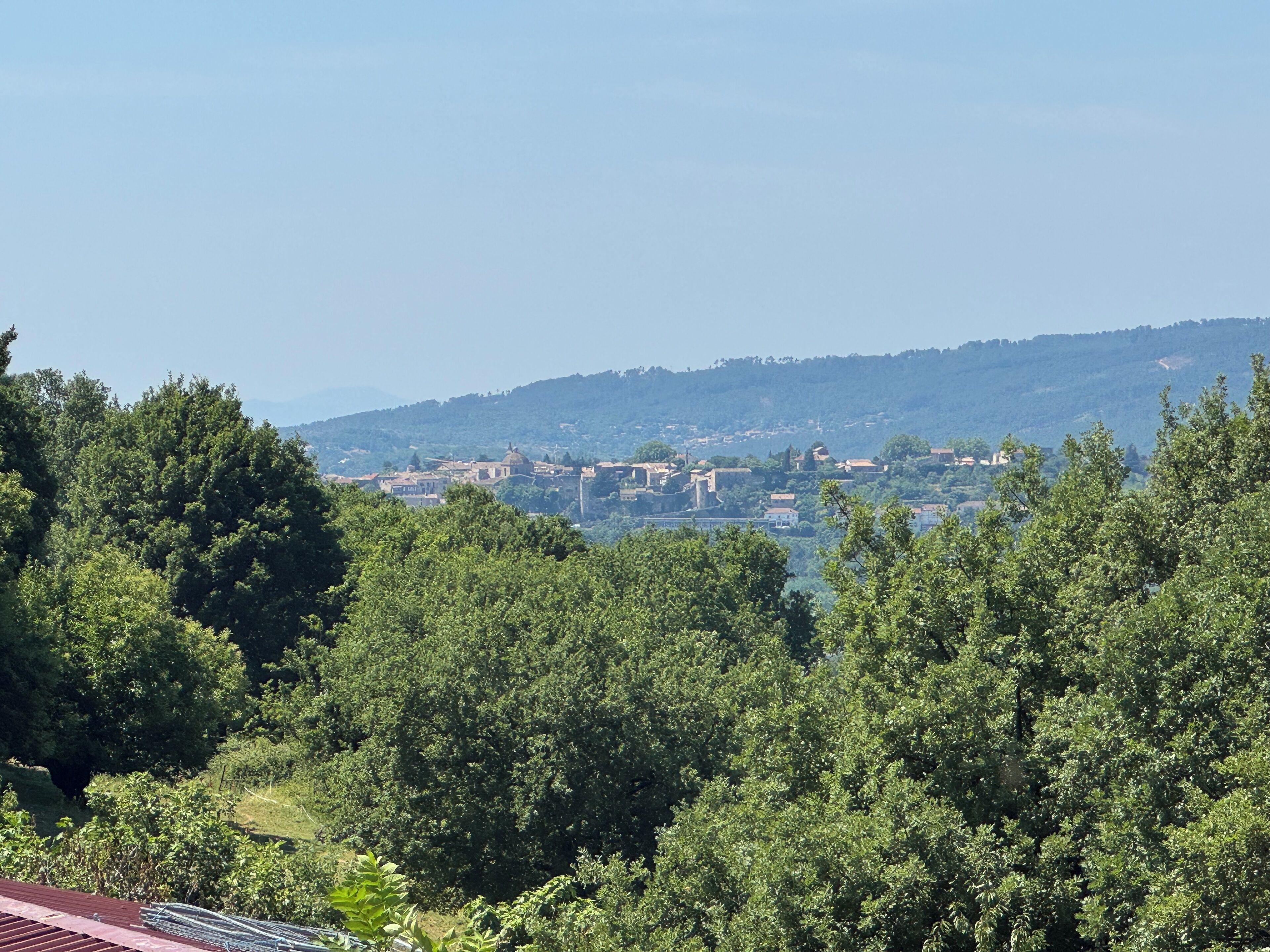 A view of a town with buildings and hills in the background.