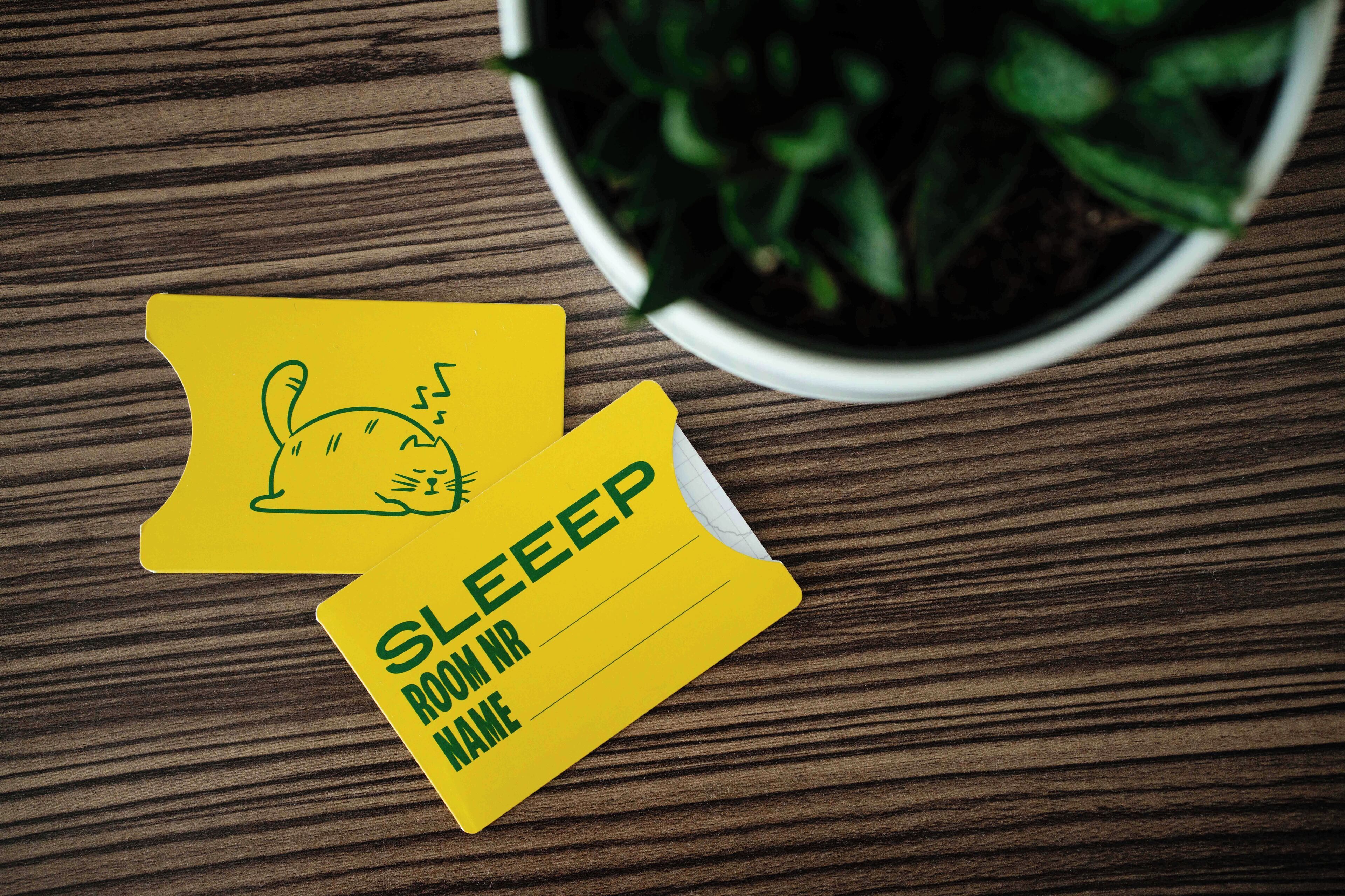 Two yellow cards with a cat illustration and the word "SLEEP" on one, and "ROOM NR" and "NAME" on the other, placed on a wooden surface next to a potted plant.