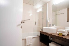 Hair dryer, towels, soap, shampoo