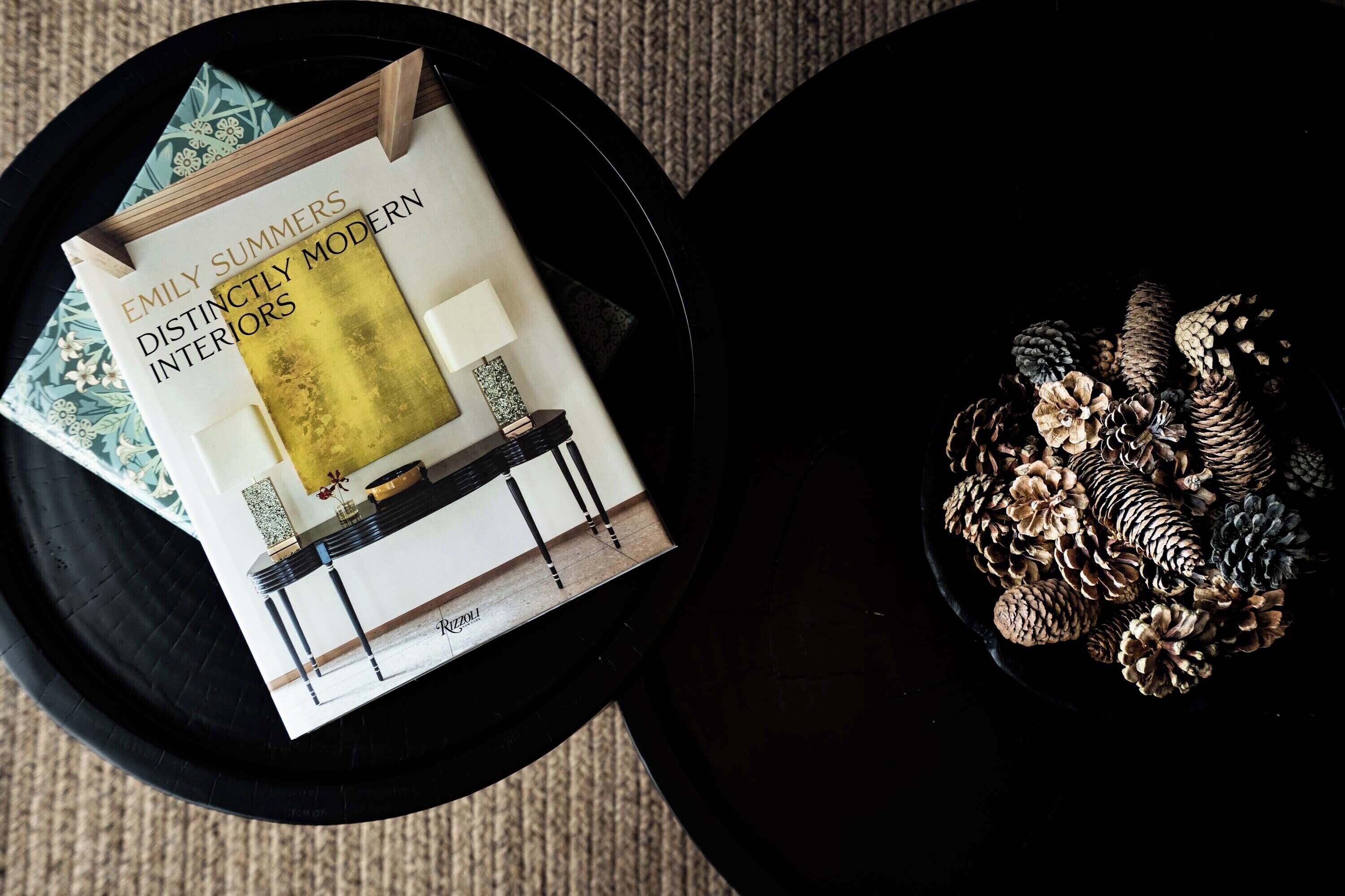 A book titled 'Emily Summers Distinctly Modern Interiors' on a black surface with a pile of pine cones nearby.