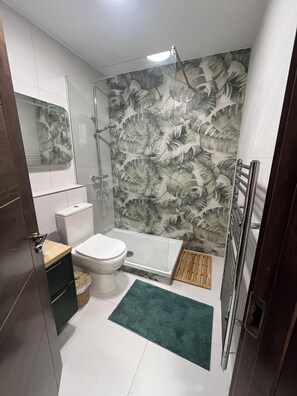 Shower, hair dryer, towels, soap