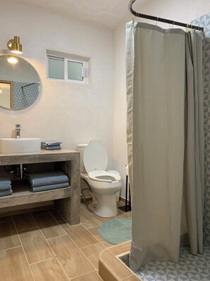 Shower, towels, soap, toilet paper