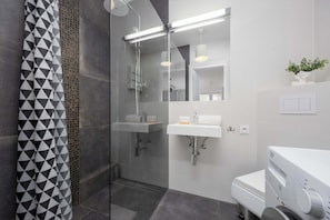 Shower, hair dryer, towels, shampoo