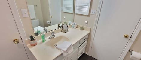A bathroom with a white sink, a mirror, a potted plant, and a towel hanging on the wall.