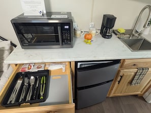 Fridge, microwave, coffee/tea maker