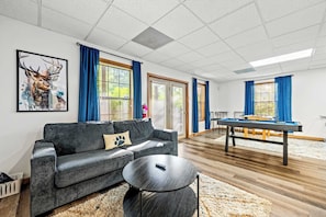 TV, fireplace, foosball, offices