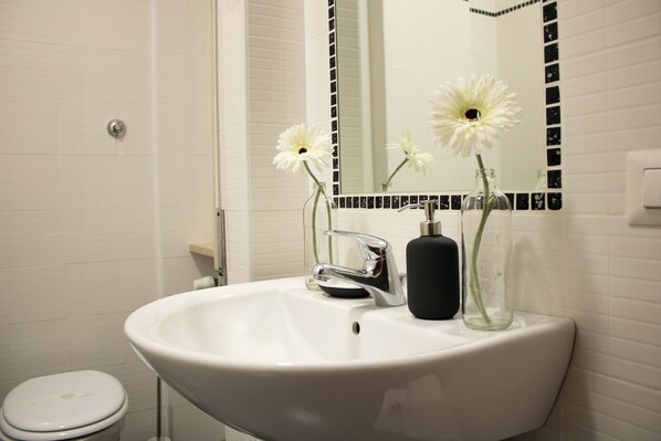 Douche, séchoir à cheveux, bidet, serviettes fournies