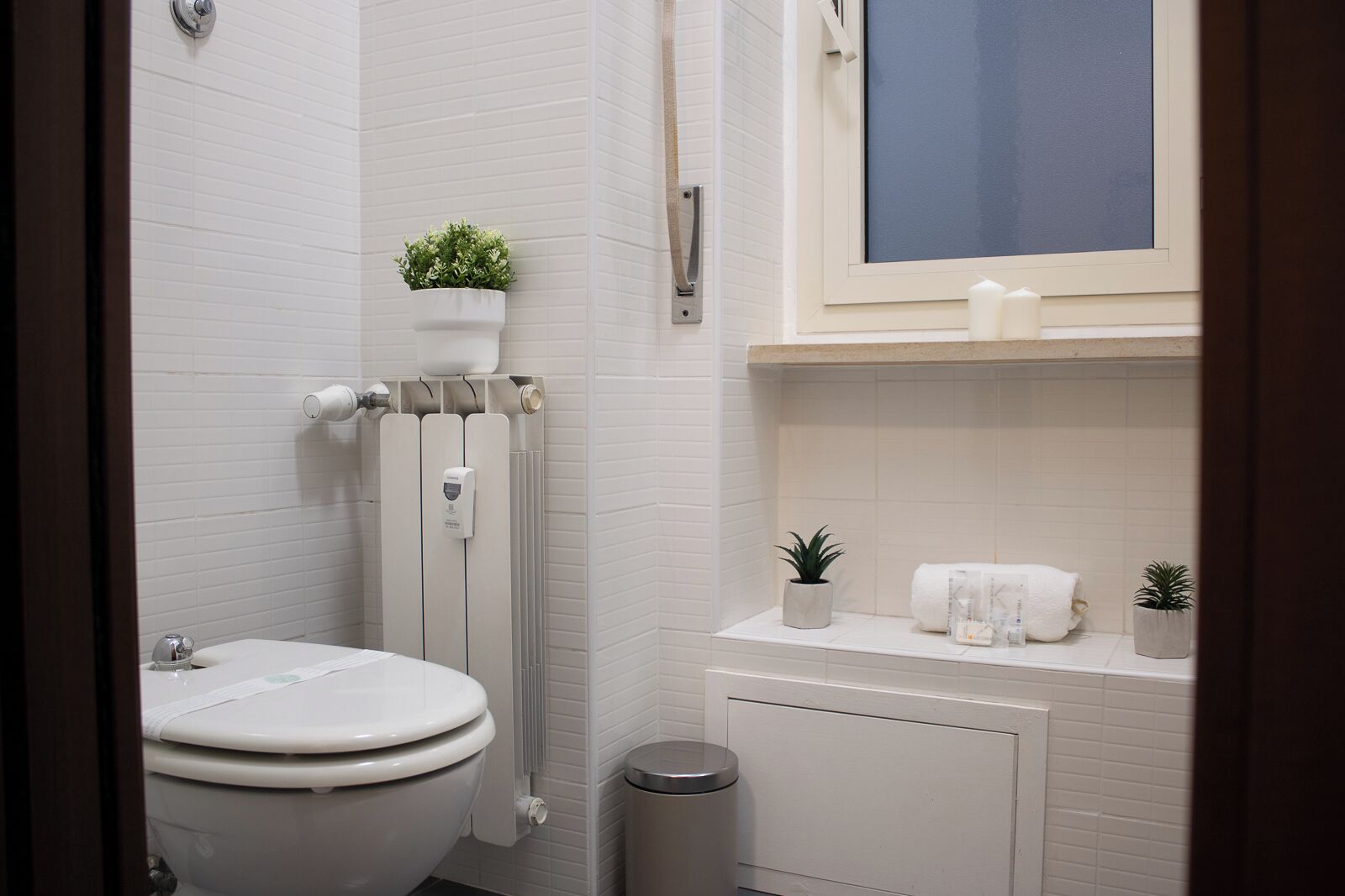 Une petite salle de bain comprenant des toilettes, un radiateur, une petite poubelle et une étagère avec une plante et une serviette.
