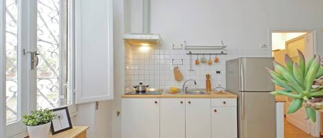 Fridge, microwave, stovetop, coffee/tea maker