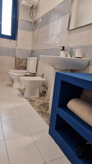Hair dryer, towels, soap, toilet paper