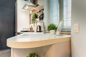 Fridge, oven, stovetop, cookware/dishes/utensils