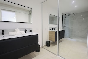 Shower, hair dryer, towels