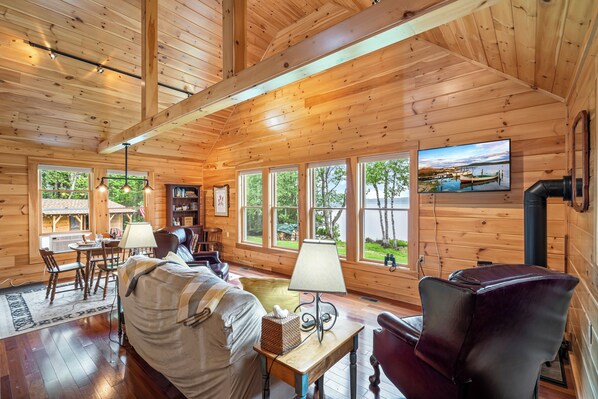 Smart TV, fireplace, books