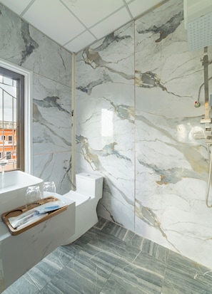 Shower, hair dryer, towels, soap