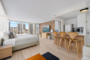 Apartment, Ocean View, Beachside (1 Bedroom) | Living area | 75-inch flat-screen TV with cable channels - Newly Innovated Oceanview Beach Condo - Sauna Pool (Honolulu)