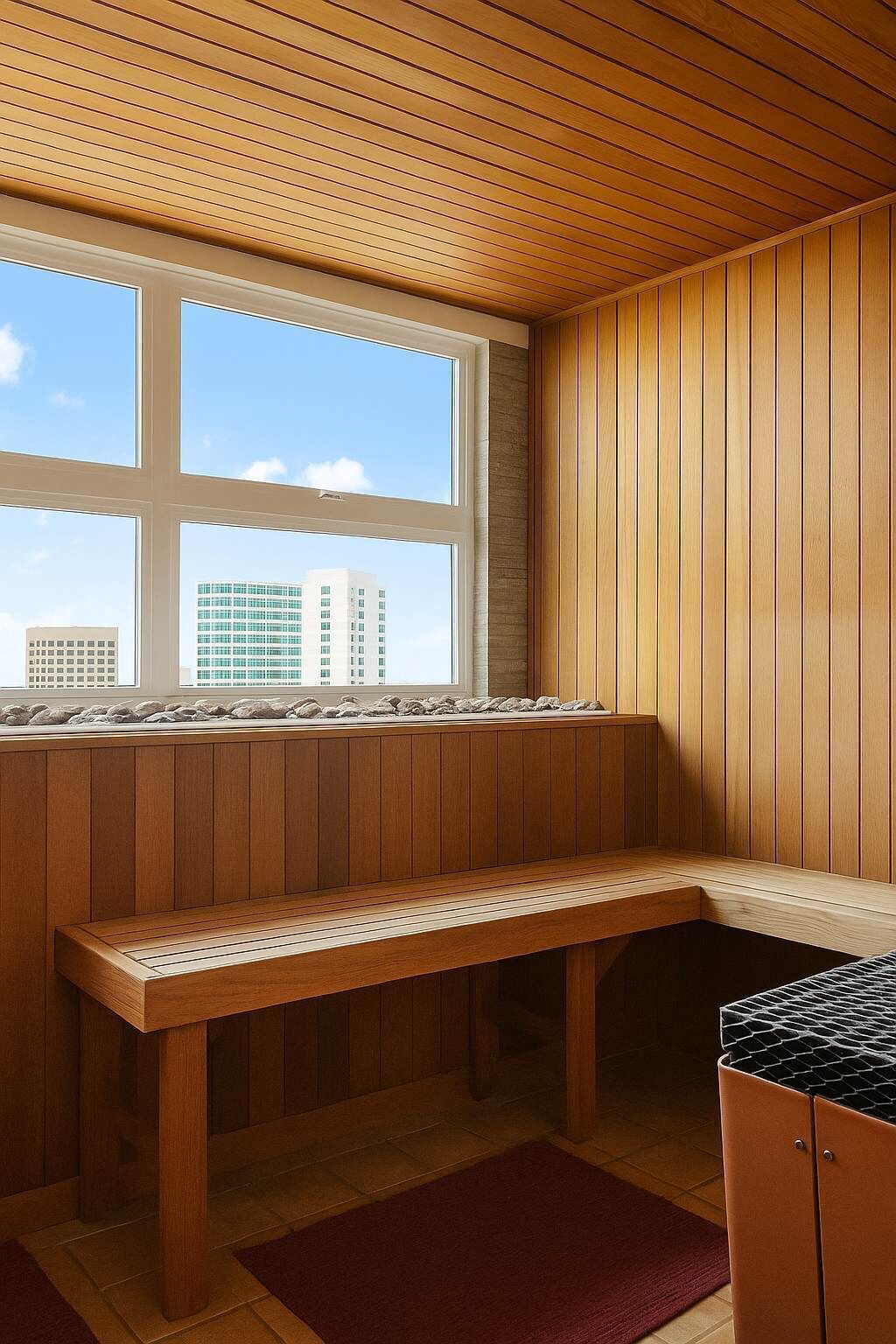 A sauna room with wooden walls, a bench, a window with a view of buildings, and a small cabinet.