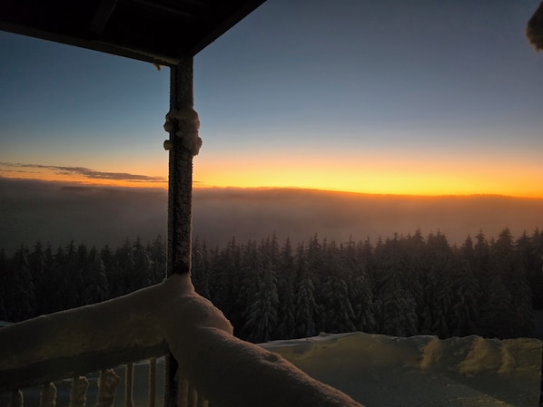 A view from a window overlooking a forested landscape during sunset. - Ski In/Ski Out. Next to the village. Gated parking. Mtn views. Free Wi-Fi. #284 (Snowshoe)