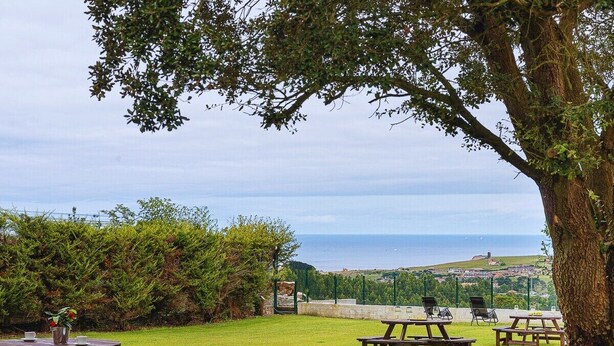 Ett grönområde utomhus med picknickbord och utsikt över havet.