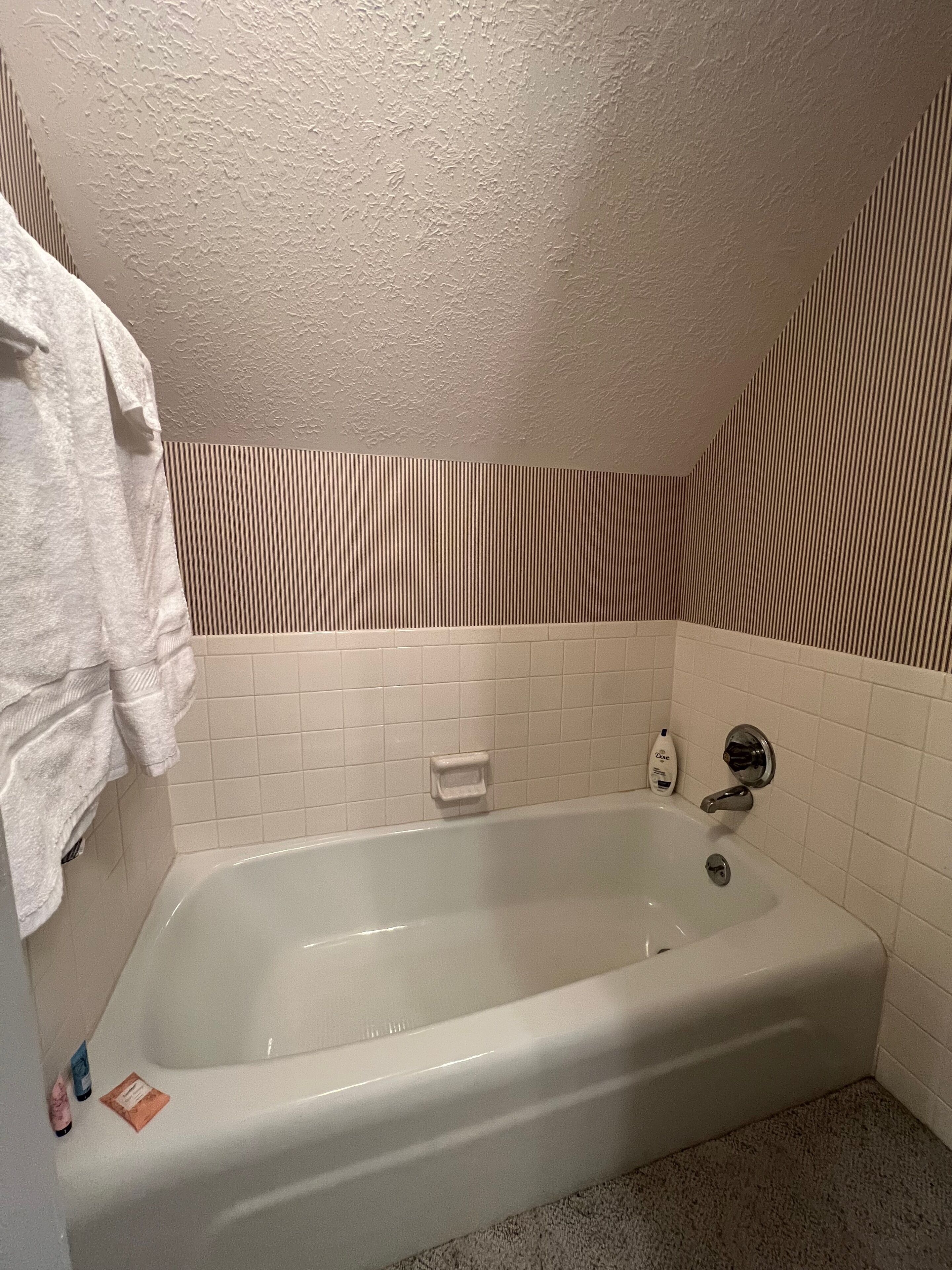 Une salle de bain avec une baignoire, des carreaux blancs, un porte-serviettes et un distributeur de savon.