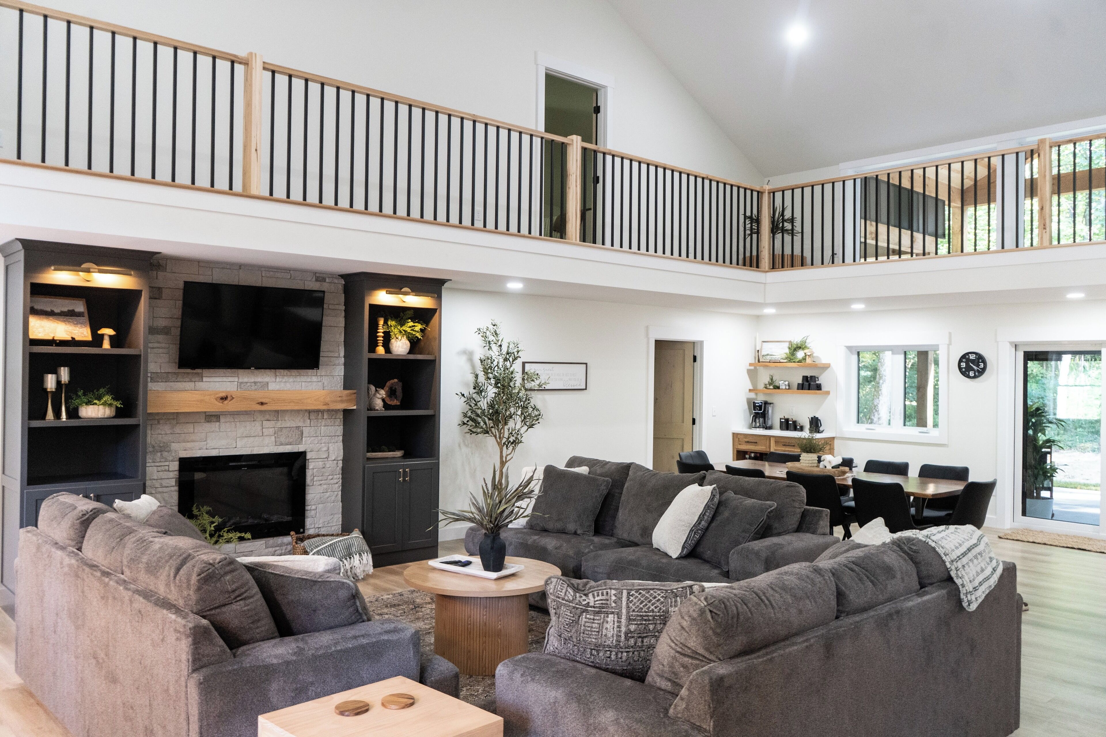 Smart TV, fireplace, foosball