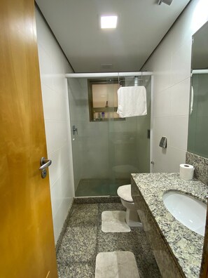 Chuveiro, secador de cabelo, toalhas de banho, papel higiênico