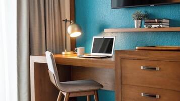 In-room safe, desk, laptop workspace, iron/ironing board