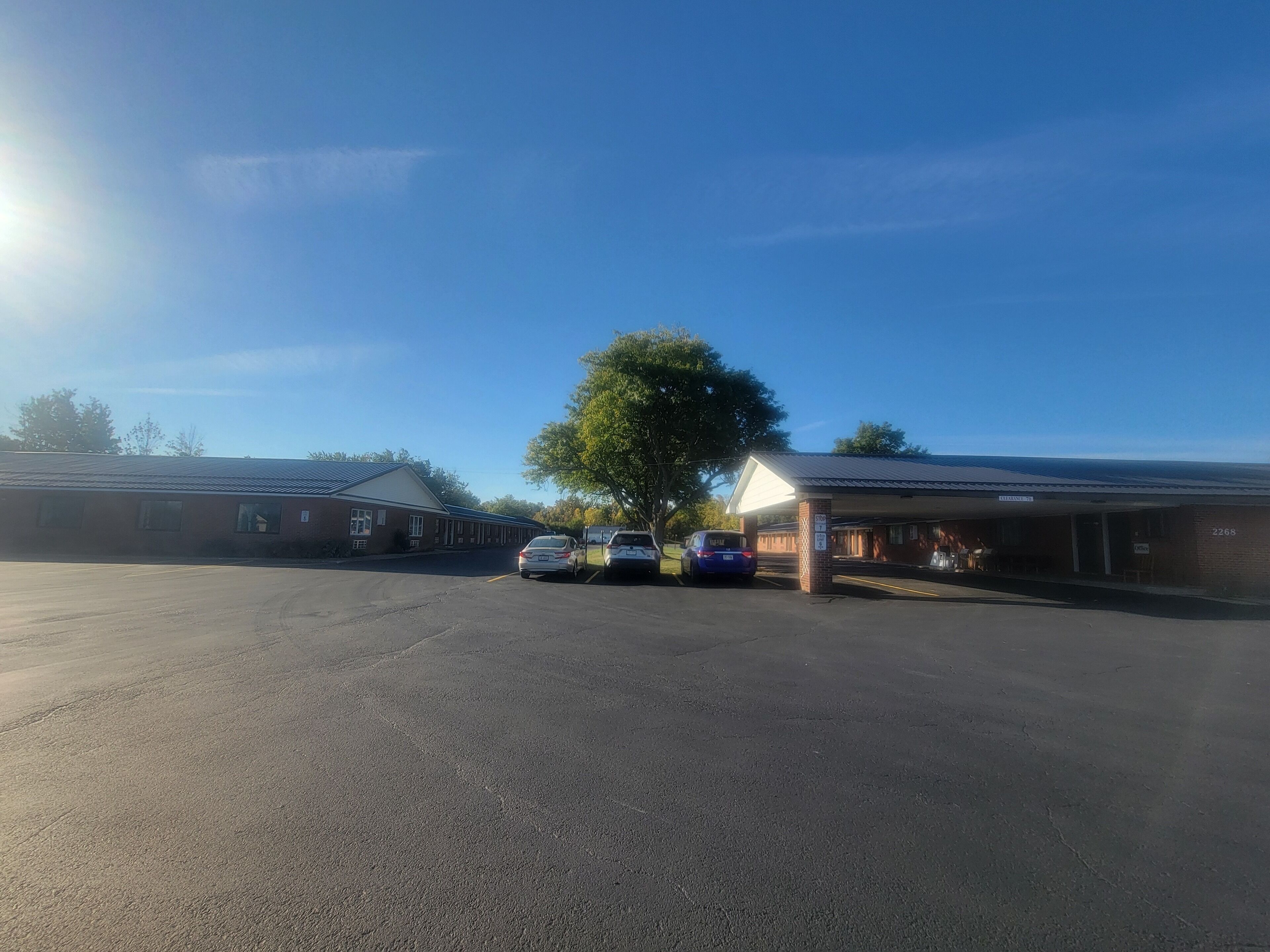 Un estacionamiento con un edificio al fondo, un  árbol y varios coches estacionados.