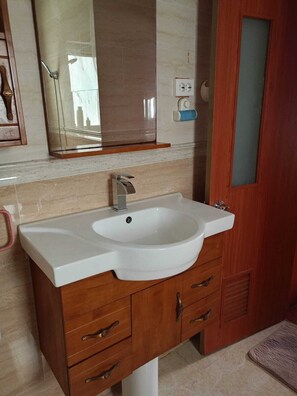 Bidet, towels, soap, toilet paper