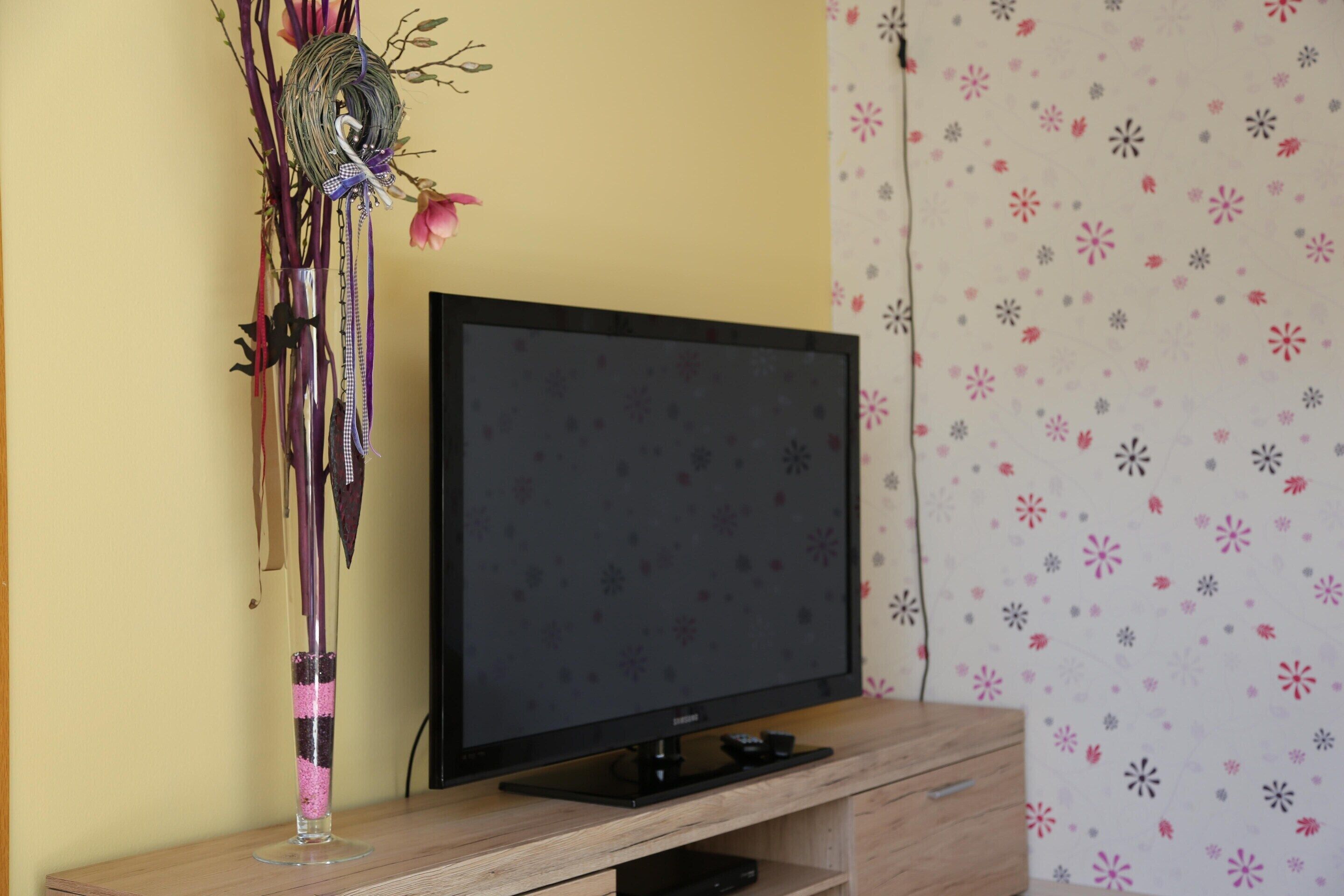 A television on a wooden stand with a decorative item on the left.
