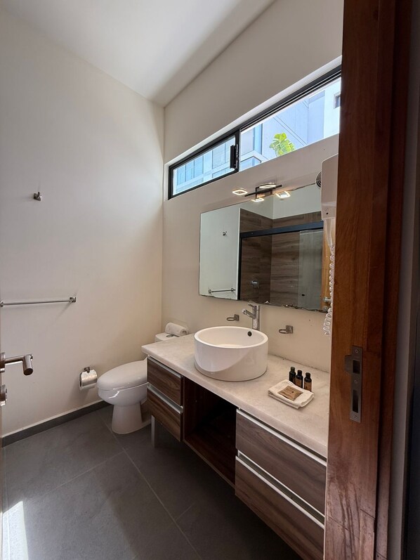 Shower, towels, toilet paper