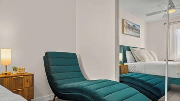2 bedrooms, desk, iron/ironing board, travel crib
