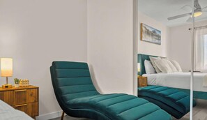 2 bedrooms, desk, iron/ironing board, travel crib