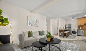 Een moderne woonkamer met een bank, salontafel en een schilderij aan de muur.