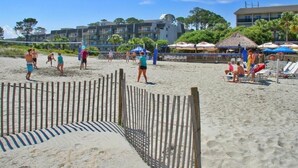 On the beach, sun loungers