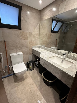 Hair dryer, towels, soap, toilet paper