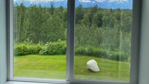 A window with a view of a forest and mountains. - Fireweed Cottage Alaska at your doorstep! (Palmer)