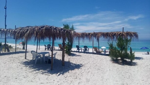A beach with thatched umbrellas, white plastic chairs, and a clear blue sky.