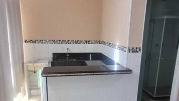 A room with a bed, a kitchenette, and a shower area.